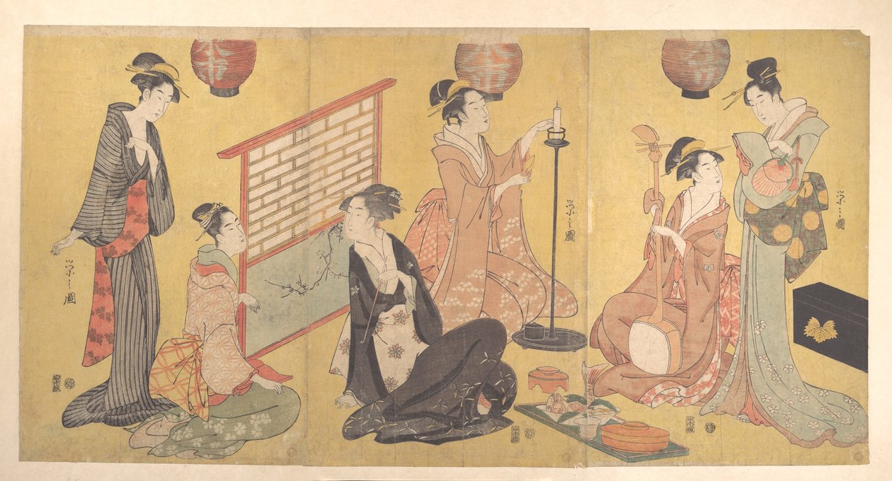 Geisha som forbereder seg til en underholdning av Chobunsai Eishi