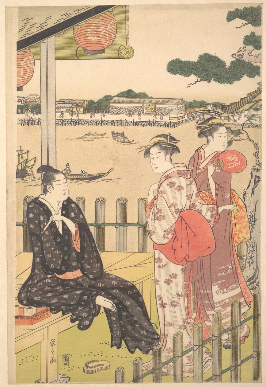 Gruppe i et tehus ved bredden av Sumida-elven av Chobunsai Eishi