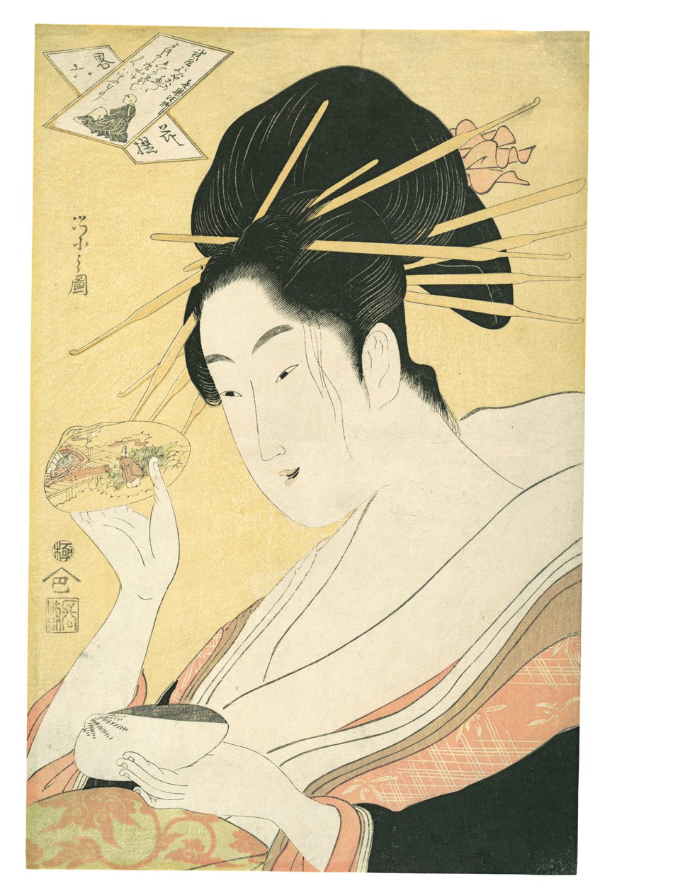 Sammenstilling av skjell (Kai-awase), «Kisen Hōshi», fra serien Moderne parodier på de seks udødelige dikterne (Yatsushi rokkasen: Kisen Hōshi) av Chobunsai Eishi