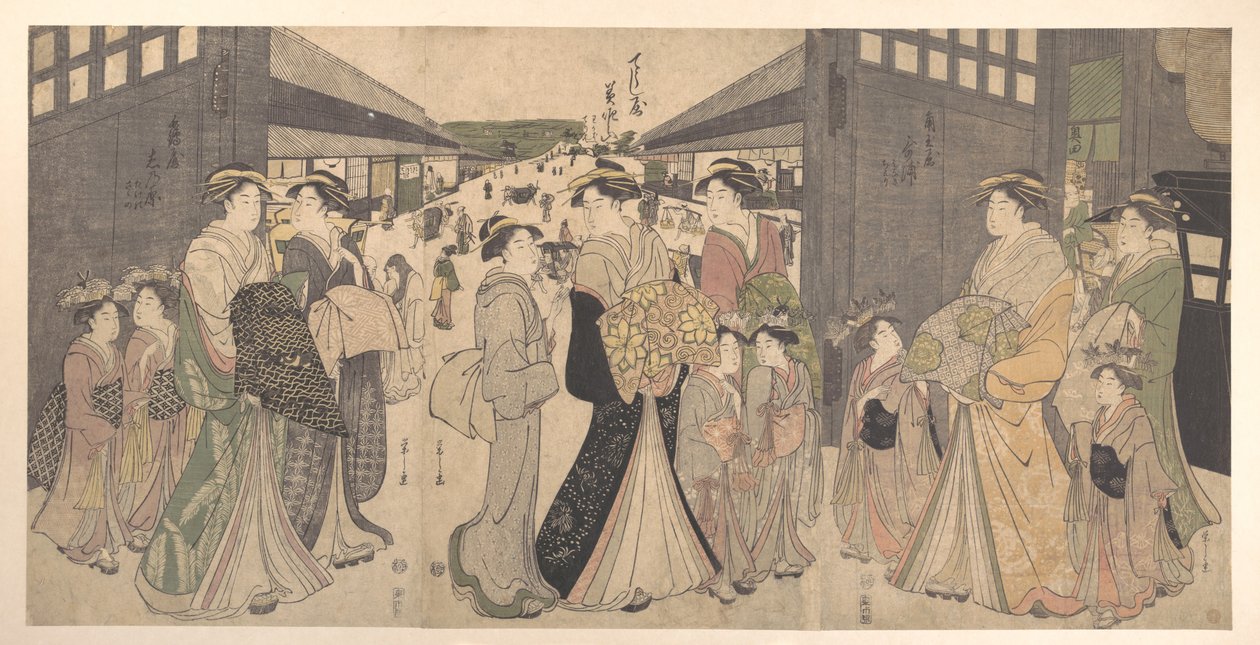 Oiran og ledsagere ved Ō Mon eller Yoshiwaras store port av Chobunsai Eishi