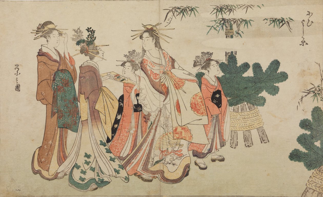 Oiran under en nyttårspromenade, omgitt av to shinzo og to kamuro av Chobunsai Eishi