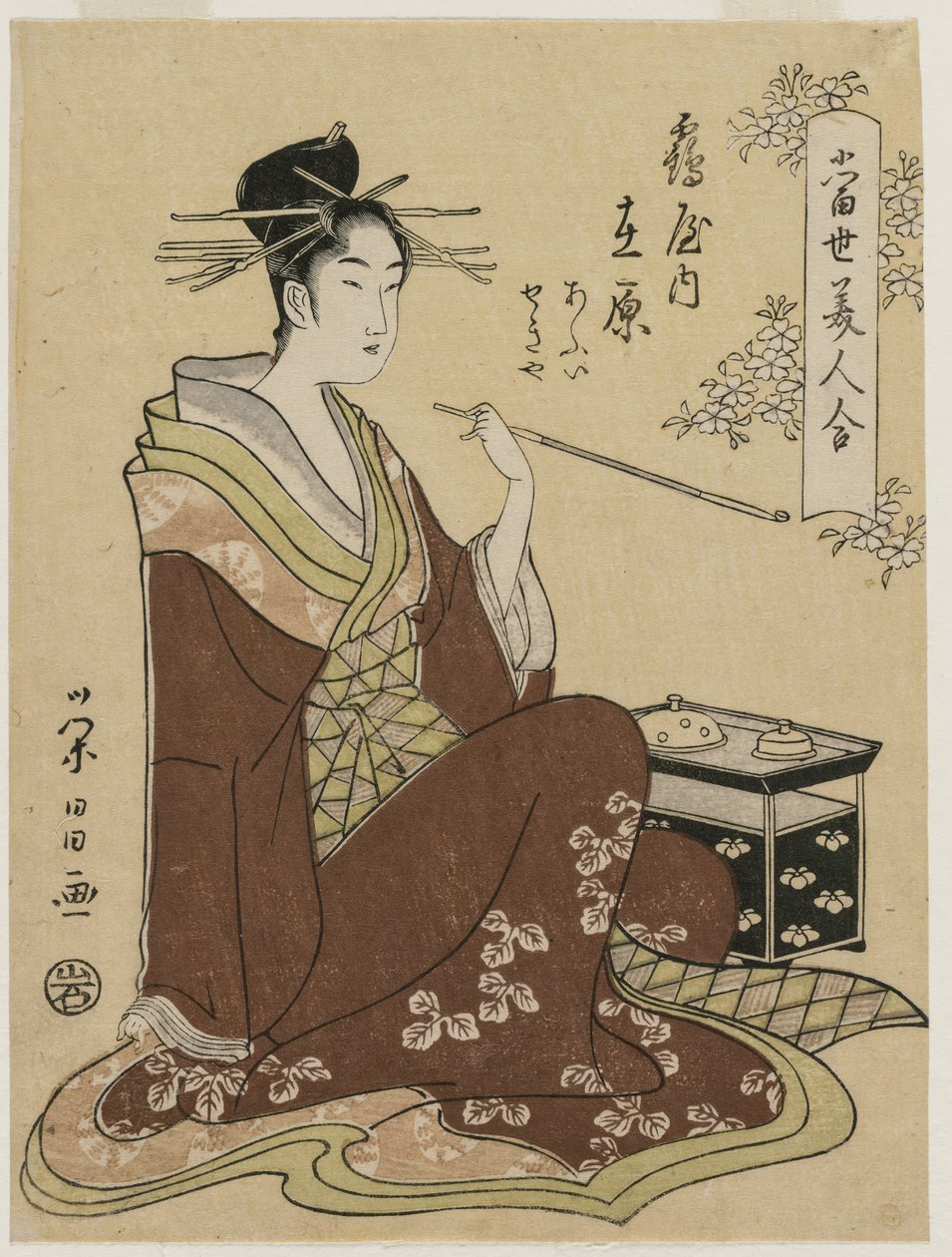 Courtesan Ariwara fra Tsuruya sitter ved en røykekiste (fra serien A Collection of Modern Beauties) av Chobunsai Eishi