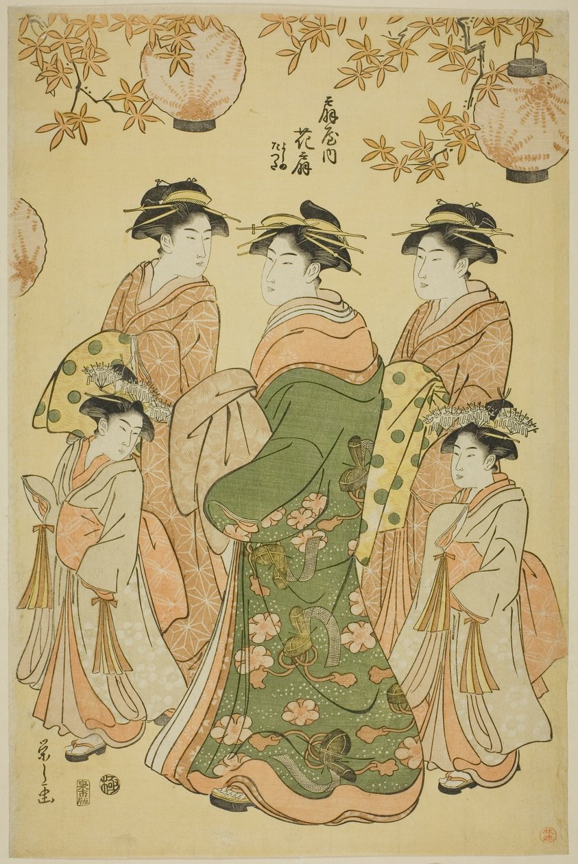 Kurtisanen Hanaogi fra Ogiya, med barnepasserne Yoshino og Tatsuta av Chobunsai Eishi
