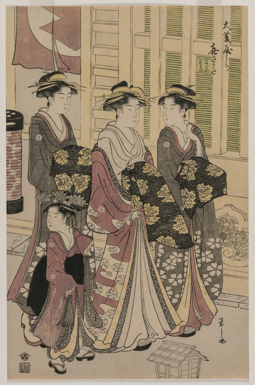 Courtesan Kisagata fra Ohishiya rusler om natten med to Shinzo og en Kamuro, ca. 1790. av Chobunsai Eishi