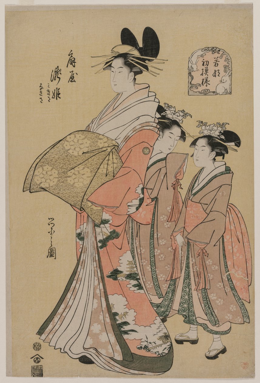 Courtesan Takihime og Attendants fra serien New Patterns of Young Greens, 1795. av Chobunsai Eishi