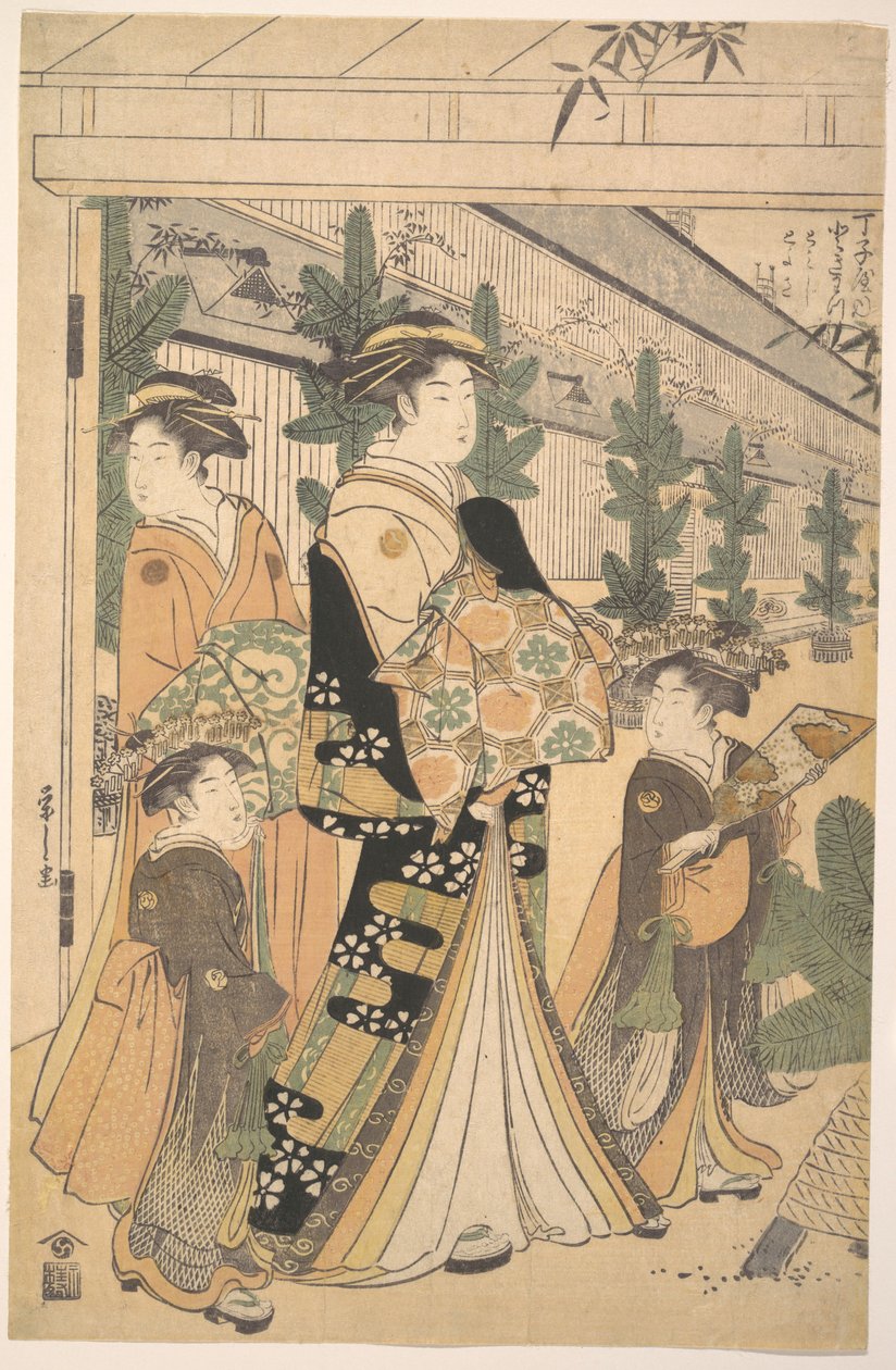To oiran med to kvinnelige ledsagere i Yoshiwara av Chobunsai Eishi