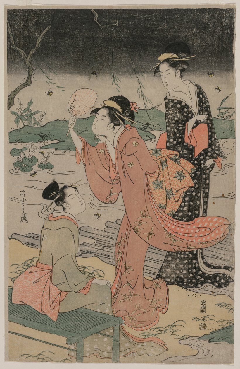 Kvinner ved siden av en bekk som jager ildfluer, midten av 1790-tallet. av Chobunsai Eishi