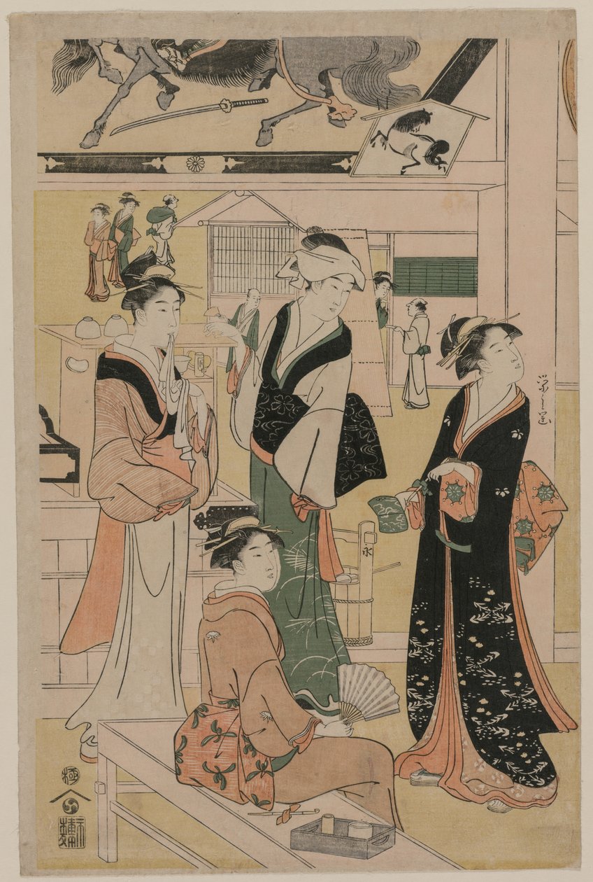 Kvinner på besøk i en tebod i et tempelområde, tidlig på 1790-tallet. av Chobunsai Eishi