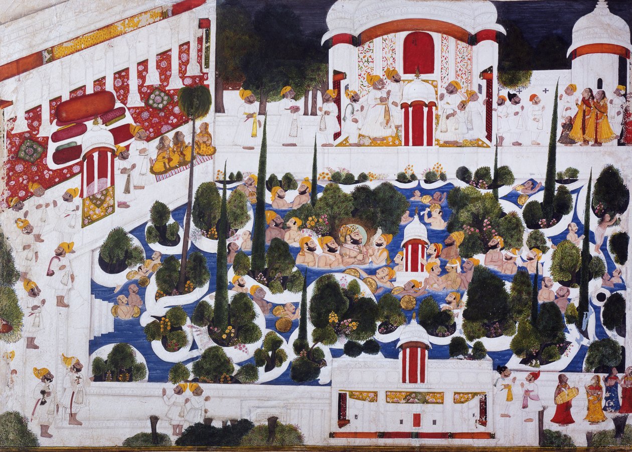 Maharana Bhim Singh boltrer seg med adelsmenn i palassbassenget, 1803 av Chokha