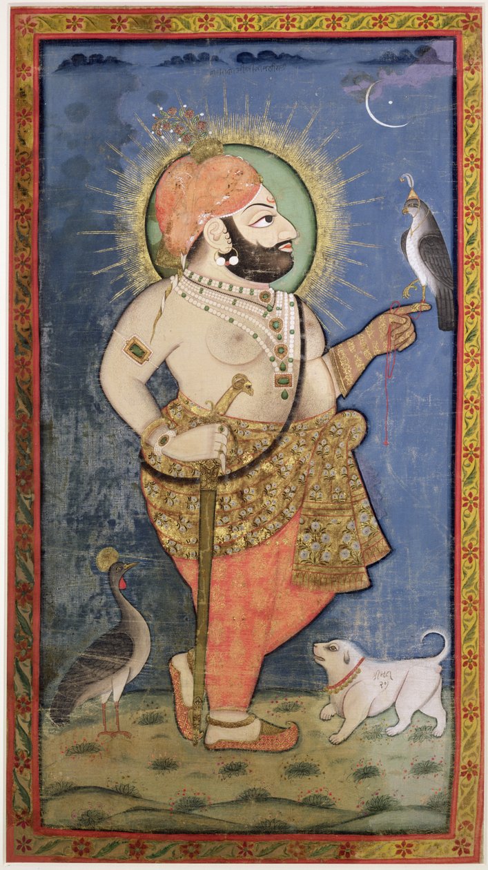 Maharana Bhim Singh av Mewar med en hauk, Udaipur (Mewar) Rajasthan, ca. 1805 (gouache med gull på tøy) av Chokha