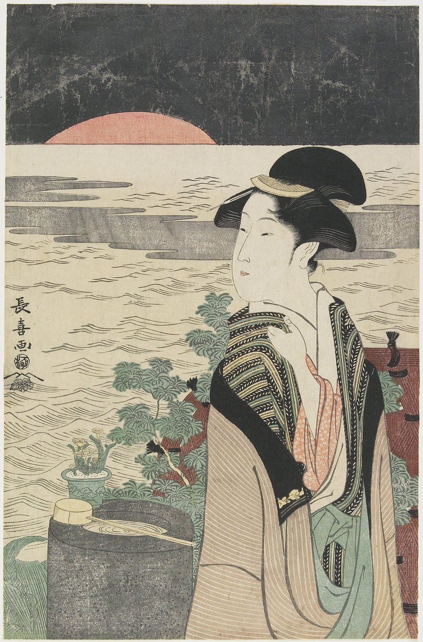 En skjønnhet som ser på den første soloppgangen, 1793-1796 av Choki Eishusai