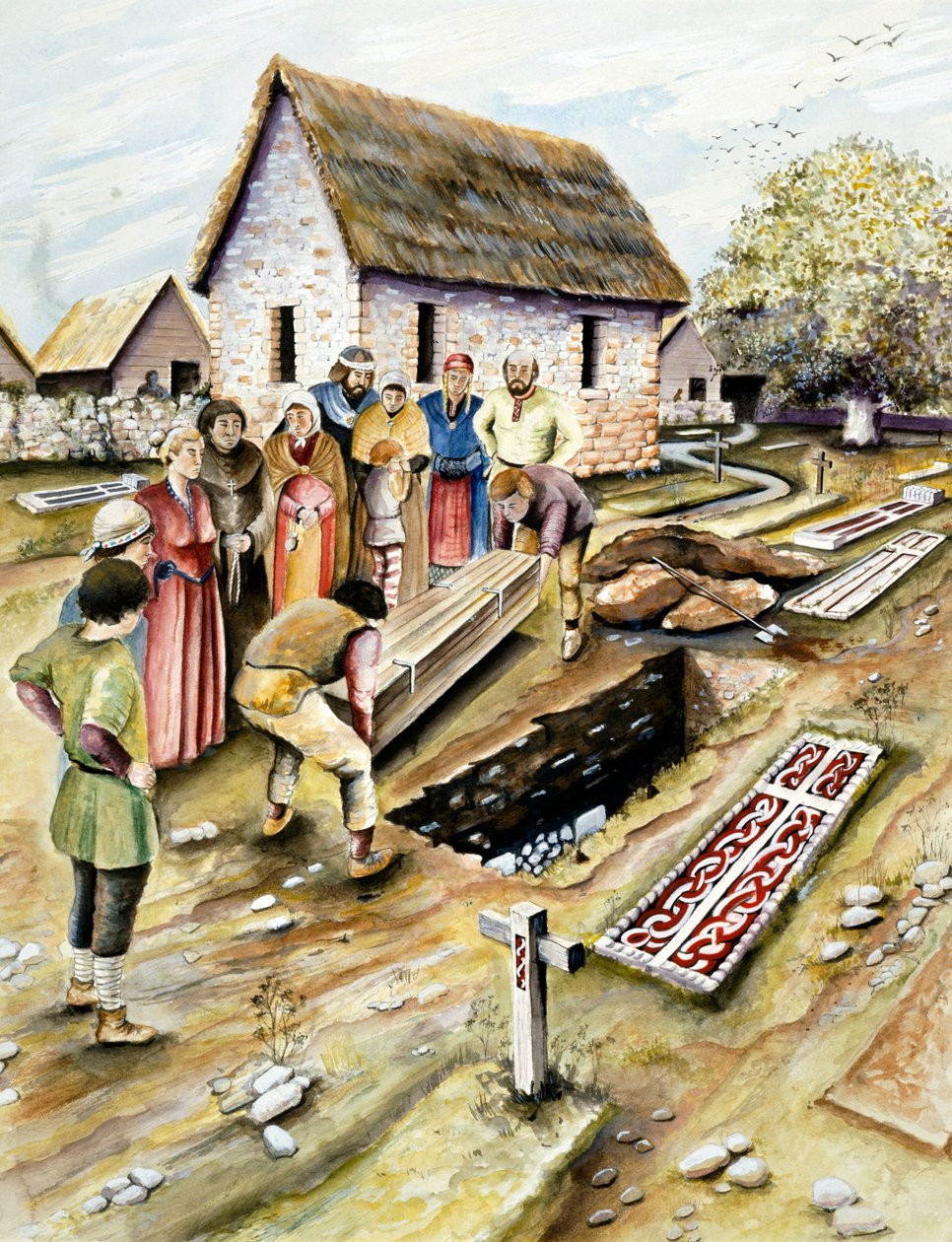 Vikingbegravelse i en kirkegård, York, Yorkshire, 1000-tallet c2000 av Chris Evans