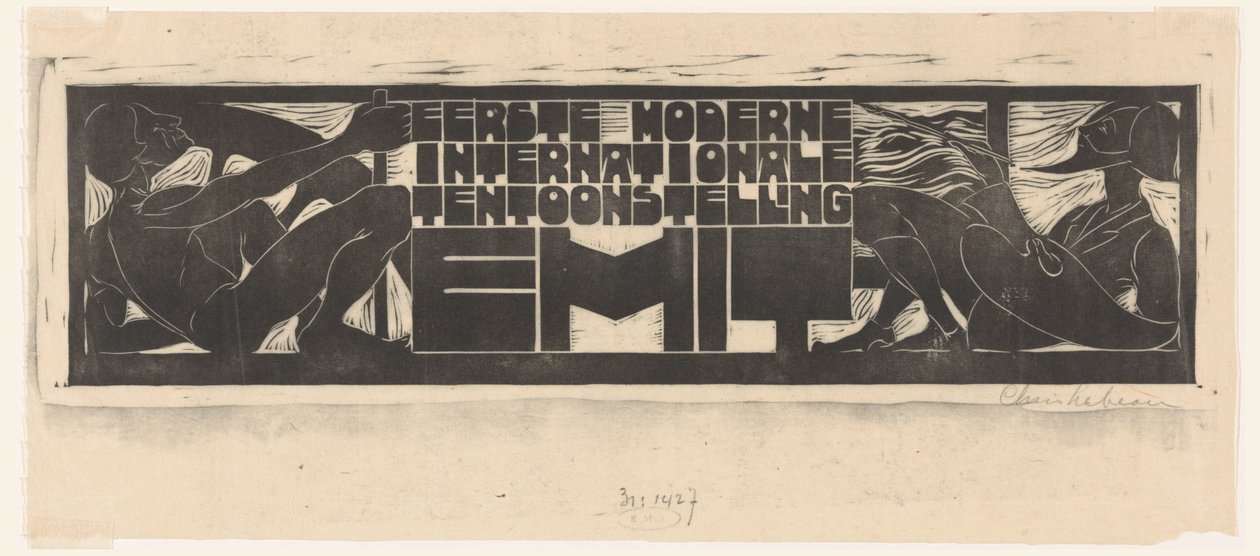 Kunngjøring eller tittelleder for First Modern International Exhibition (EMIT) i Scheveningen Første moderne internasjonale utstilling EMIT (tittel på objekt) av Chris Lebeau (signed by artist)