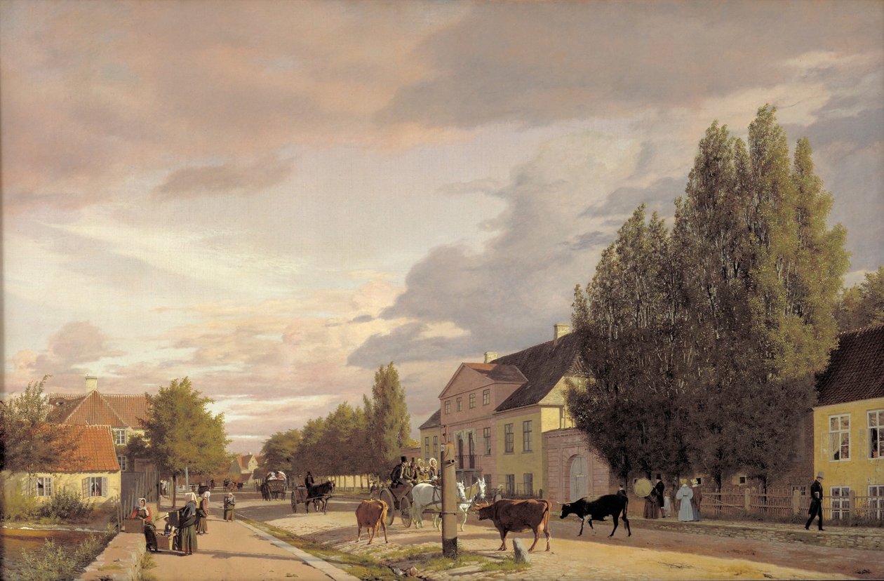 Utsikt over en gate på Østerbro utenfor København. Morgenlys, 1836 av Christen Schjellerup Købke