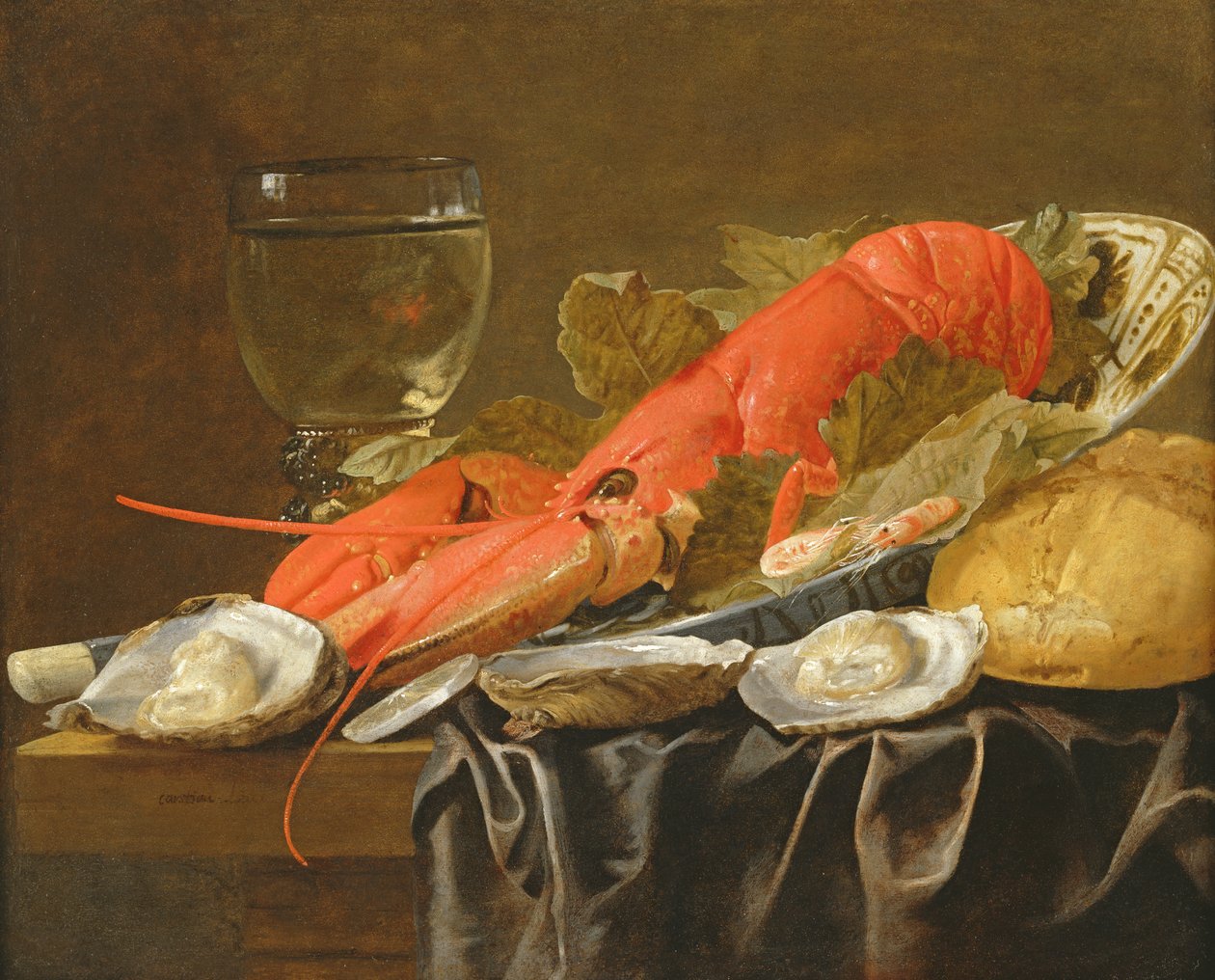 Stilleben med hummer, reker, roemer, østers og brød (olje på kobber) av Christiaan Luykx or Luycks