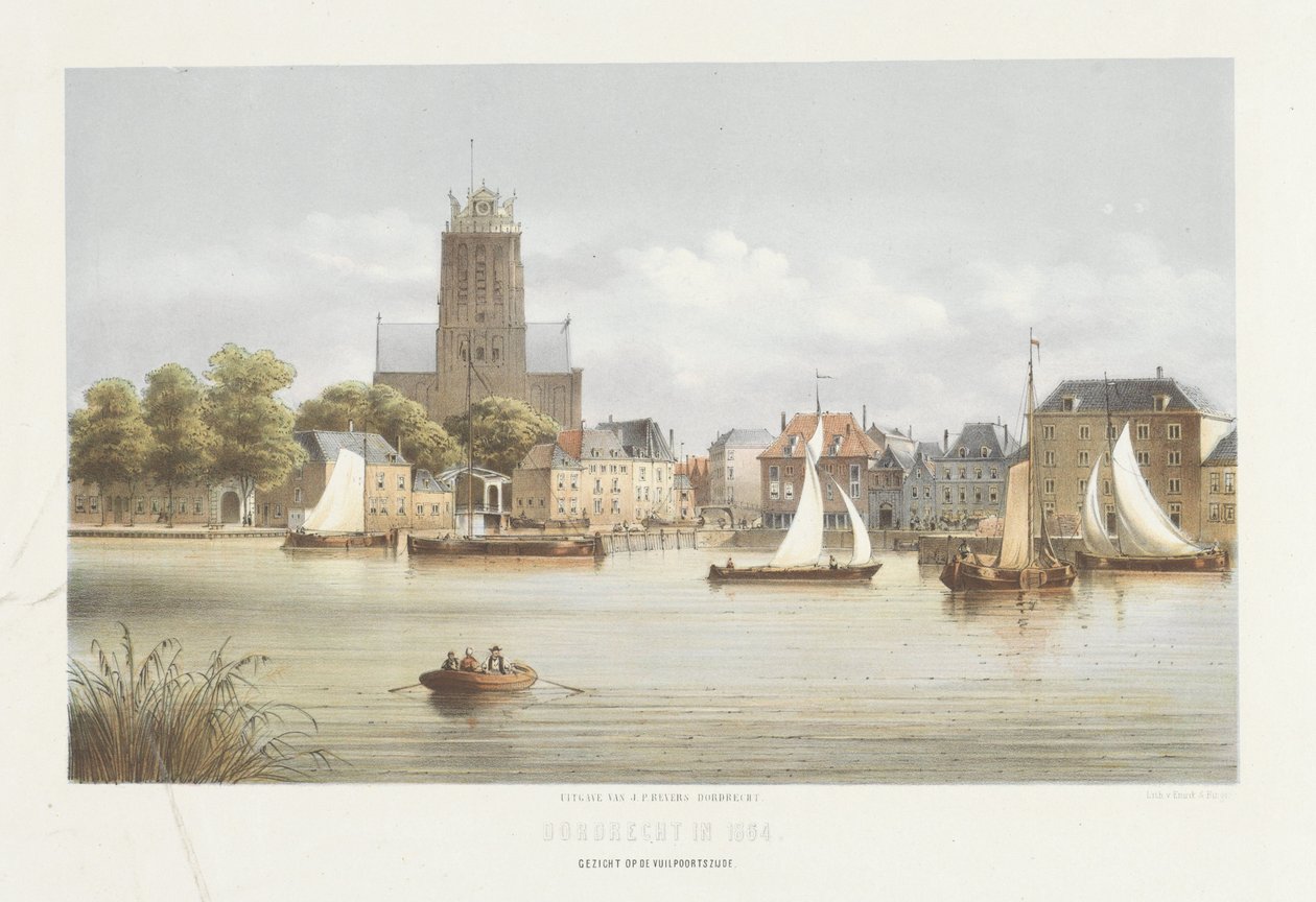 Utsikt over Dordrecht Utsikt over Vuilpoorts-siden (tittel på objekt) Utsikt over Dordrecht i 1864 (serietittel på objekt) av Christiaan Bos