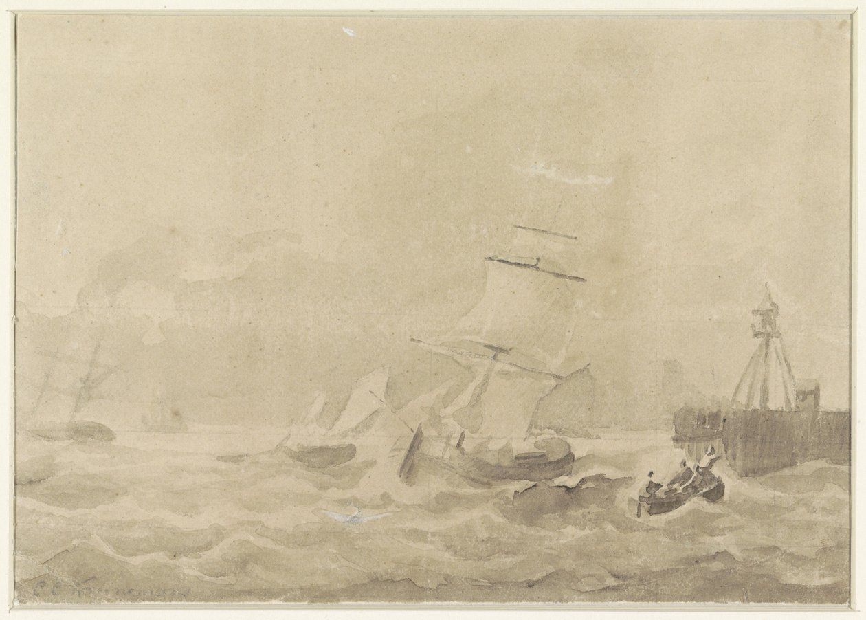 Turbulent hav med seilskuter av Christiaan Cornelis Kannemans
