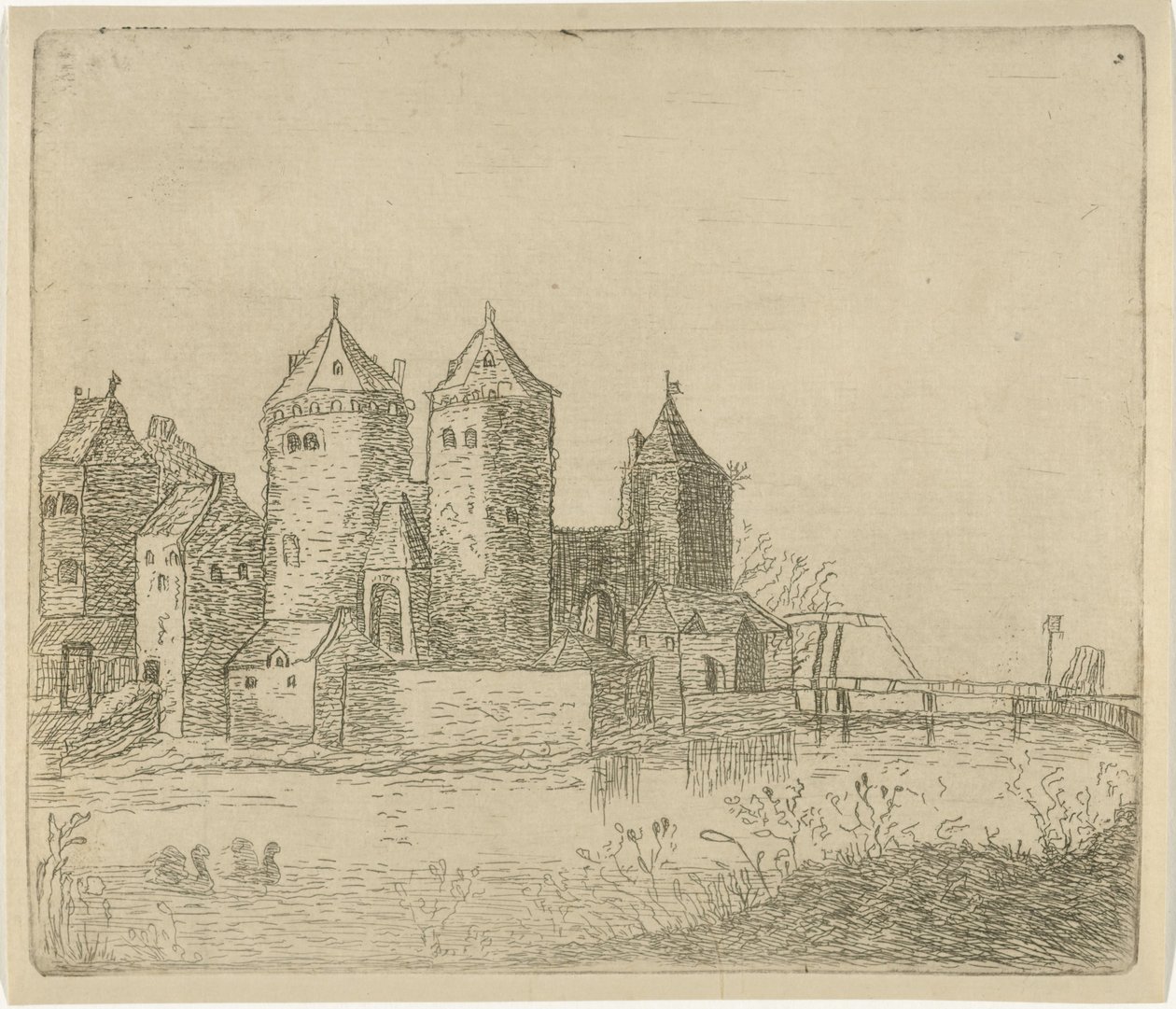 Utsikt over et slott med vollgrav av Christiaan Friedrich Ruppe