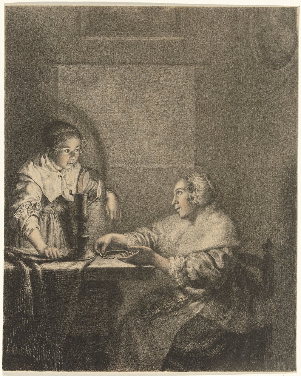 Interiør med dame og hushjelp ved levende lys av Christiaan Josi