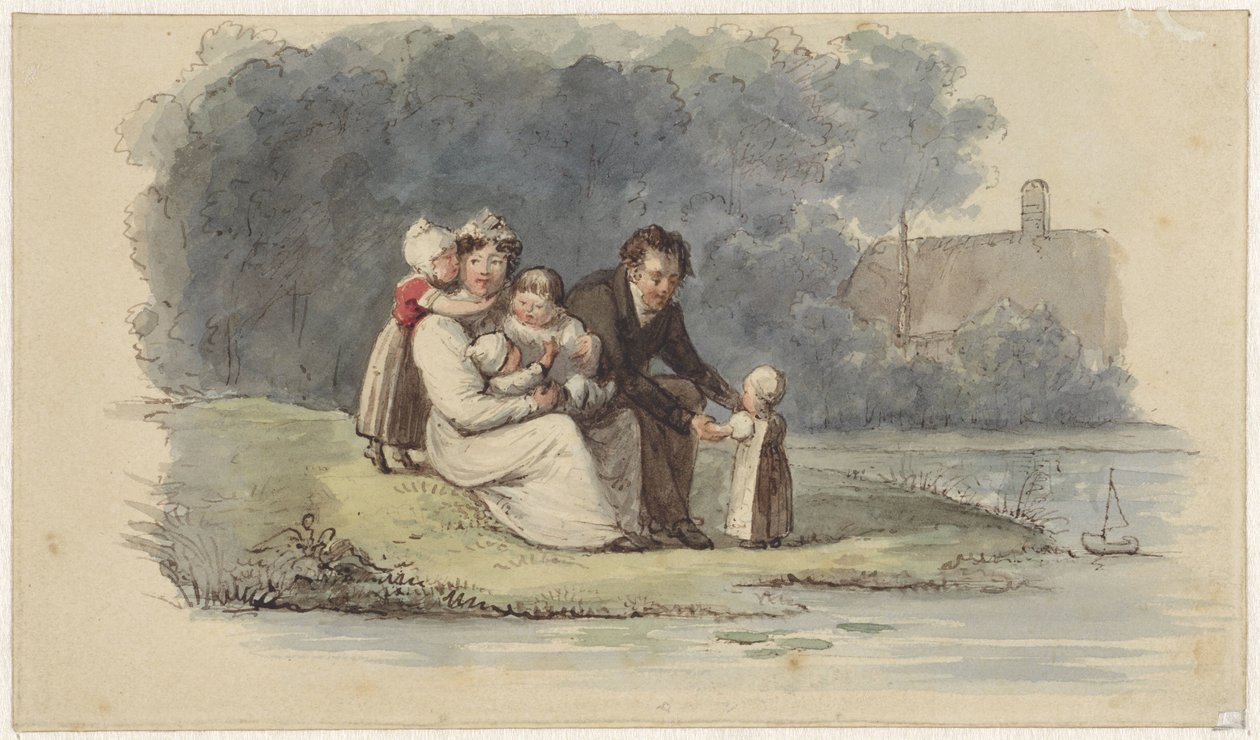 Familie sitter ved vannet av Christiaan Julius Lodewijk Portman