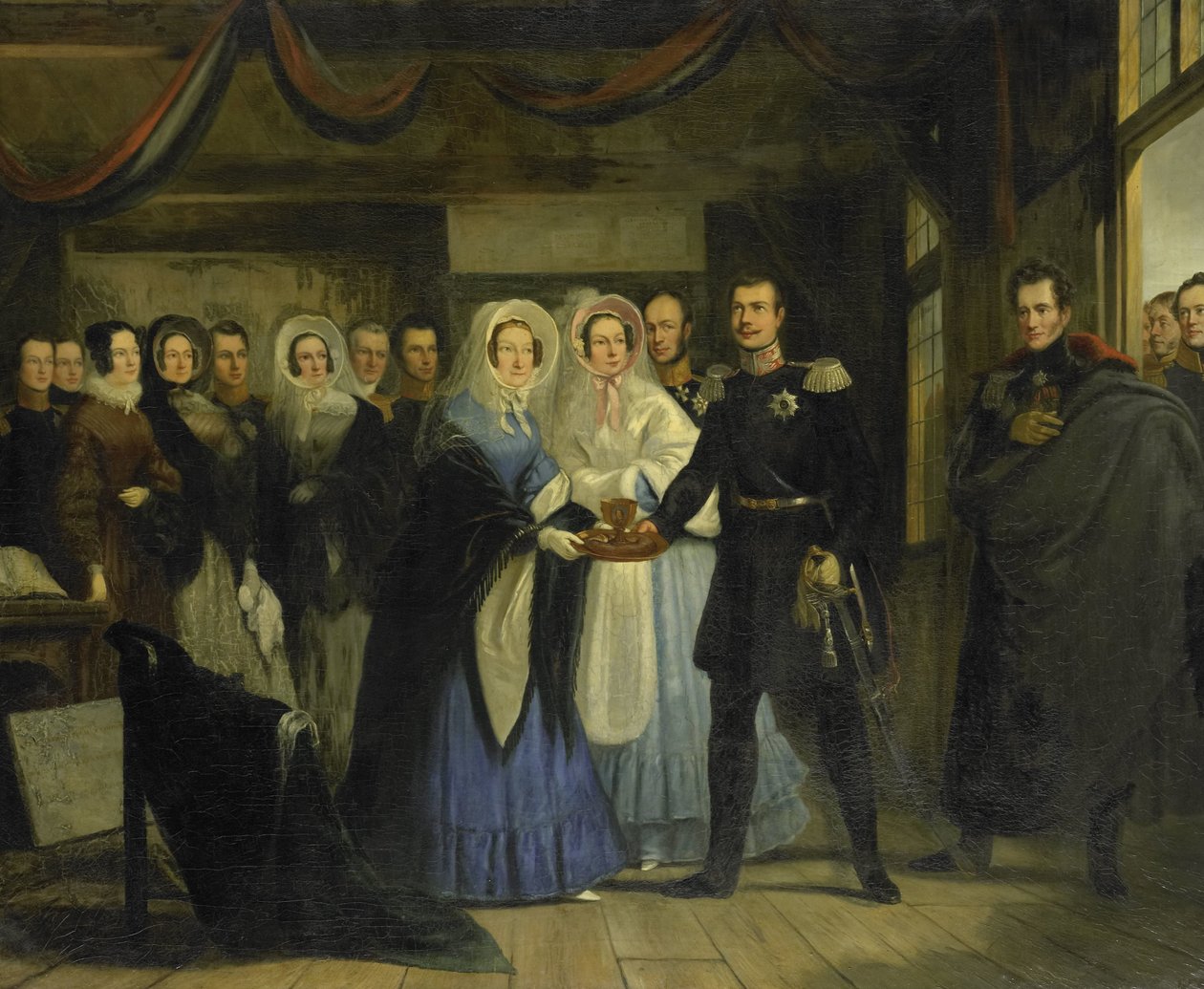 Prinsessen av Oransje mottar Alexander II (1818-1881), storhertug og arving til Russlands trone, i tsar Peters hus i Zaandam, 17. april 1839 av Christiaan Julius Lodewijk Portman