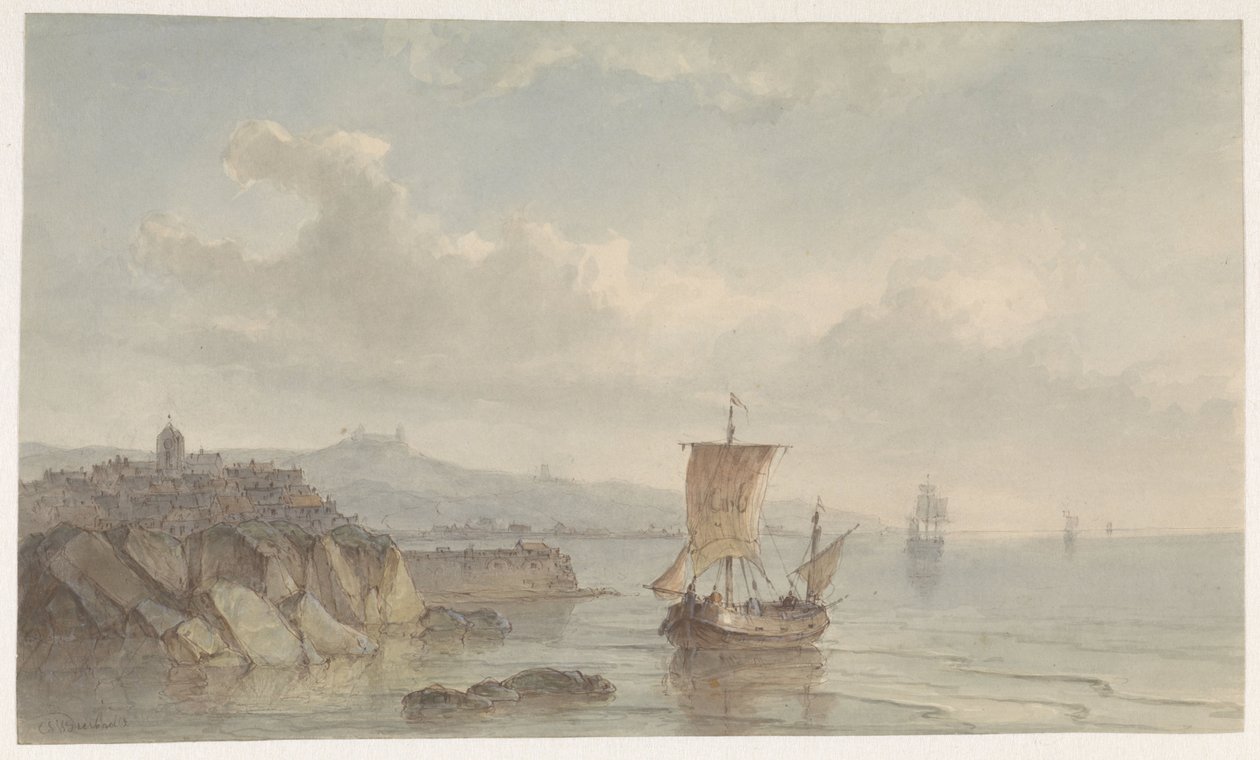 Kystlandskap med havn og skip på vannet av Christiaan Lodewijk Willem Dreibholtz