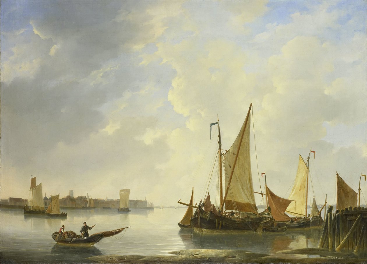 Utsikt over Dordrecht sett fra Papendrecht av Christiaan Lodewijk Willem Dreibholtz