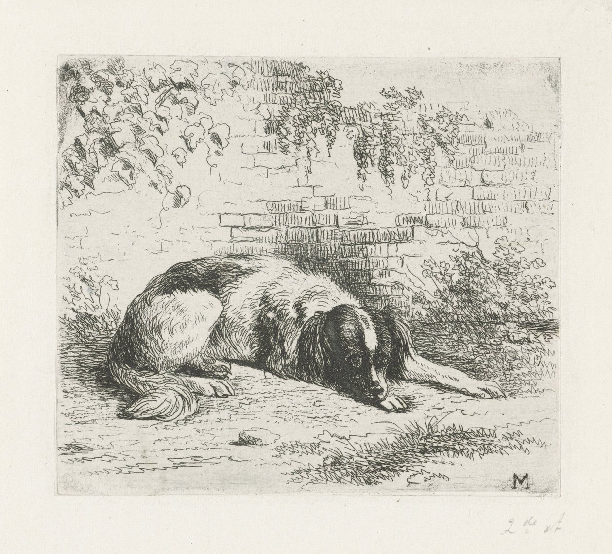 Liggende hund foran en vegg av Christiaan Wilhelmus Moorrees