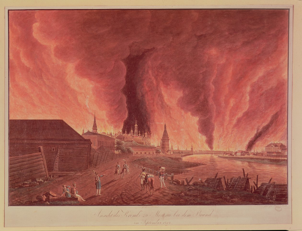 Utsikt over Kreml, under Moskva-brannen i september 1812, gravert av Schmidt av Christian Johann Oldendorp