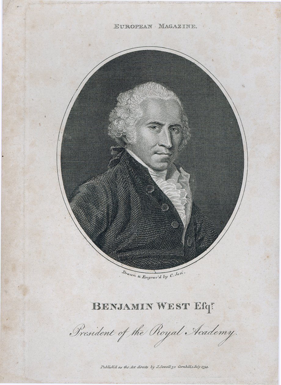Portrett av Benjamin West (1738-1820), president for Royal Academy, gravert av kunstneren, 1794 av Christian Josi