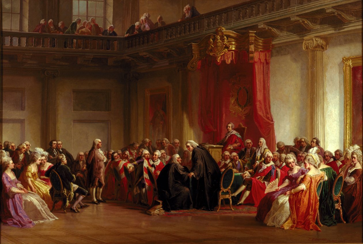 Benjamin Franklin dukker opp for Privy Council av Christian Schussele