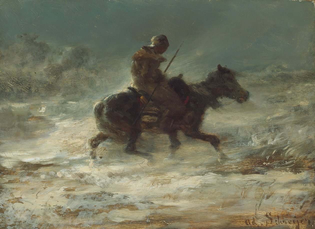 Mann med lanse som rir gjennom snøen, ca. 1880. av Christian Adolf Schreyer