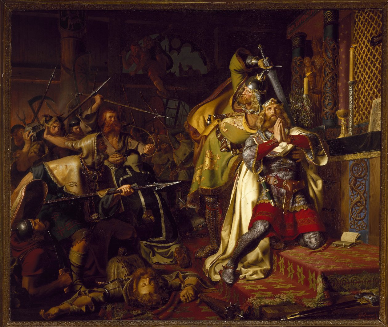 Mort de Knut (Canut, Knud) IV av Danmark den hellige (1040-1086) - The Death of Canute IV of Denmark i Church of Saint Albanus (Mordet på Knud den hellige) av Christian Albrecht von Benzon (1816-1849) av Christian Albrecht von Benzon