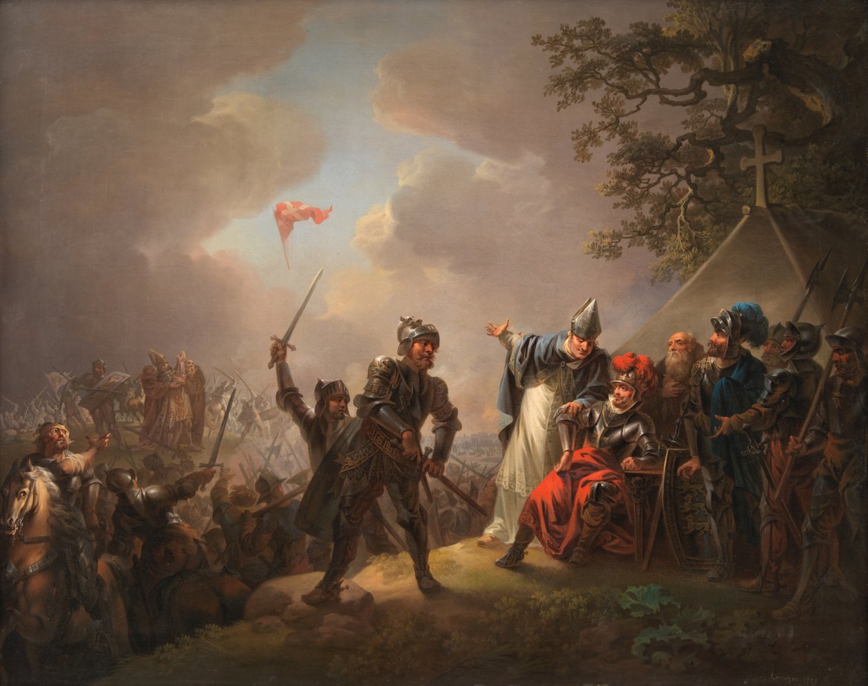 Legenden om det danske flagget. Dannebrog faller ned fra himmelen under slaget ved Lyndanise, 18 av Christian August Lorentzen