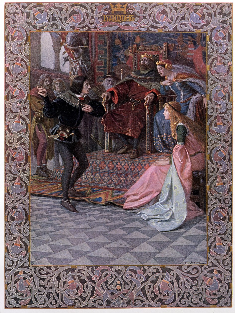 Hamlet før kong Claudius, dronning Gertrude og Ophelia, scene fra 