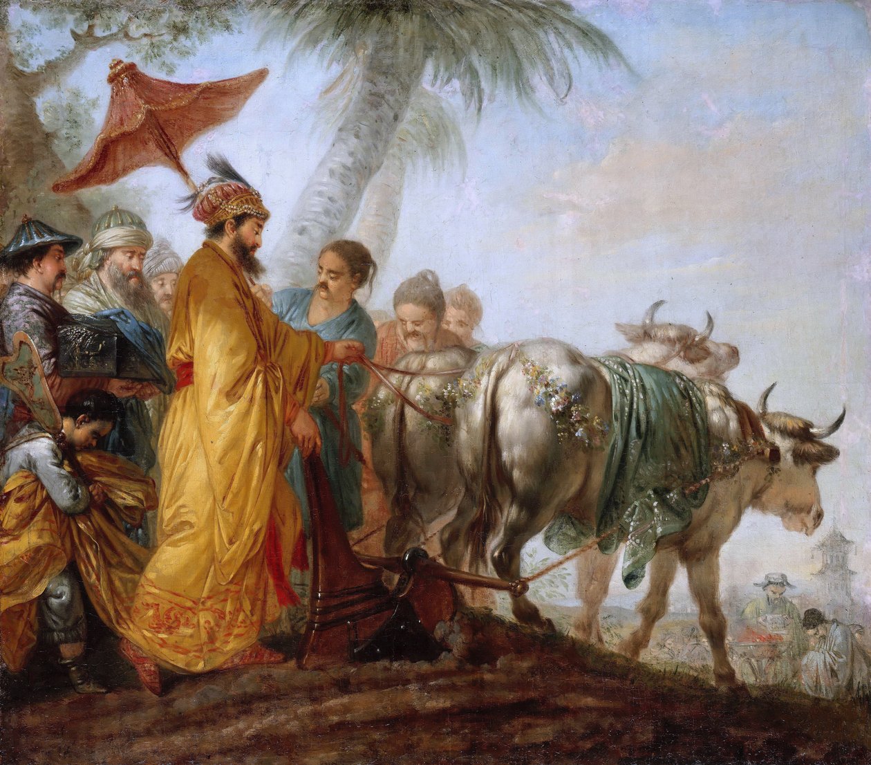 Keiseren av Kina med en plog. Den kinesiske keiseren pløyer den første furen for å hedre landbruket av Christian Bernhard Rode
