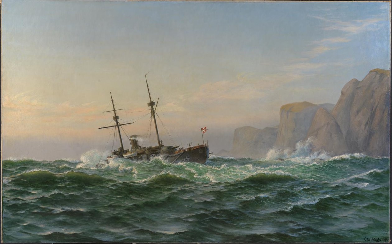 Panserskipet «Iver Hvitfeldt» passerer Forbjerget Stat på vei til Trondhjem sommeren 1893 av Christian Blache
