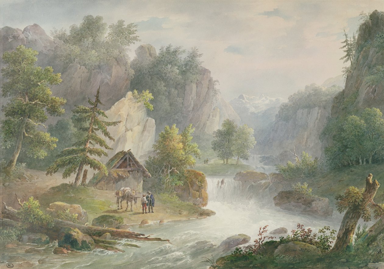 Fjelllandskap med en torrent, 1825 (wc på papir) av Christian Brune