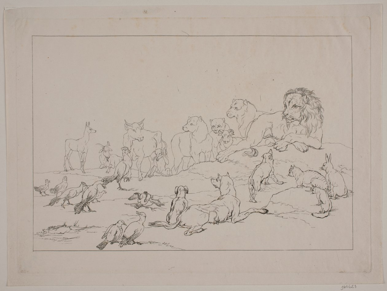 Samlingen av dyrene. Illustrasjon for "Reinike Fuchs" av Christian David Gebauer