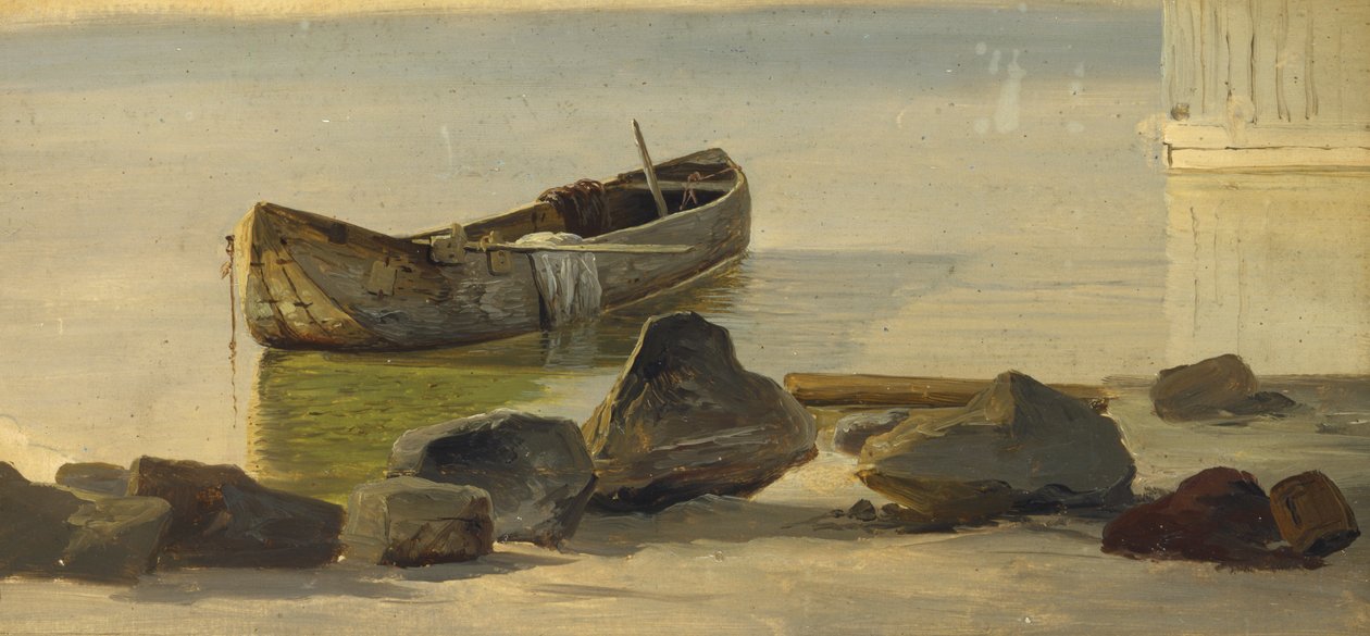 A Dugout on Starnberger Lake, 1845 (olje på papir montert på kort) av Christian Ernst Bernhard Morgenstern