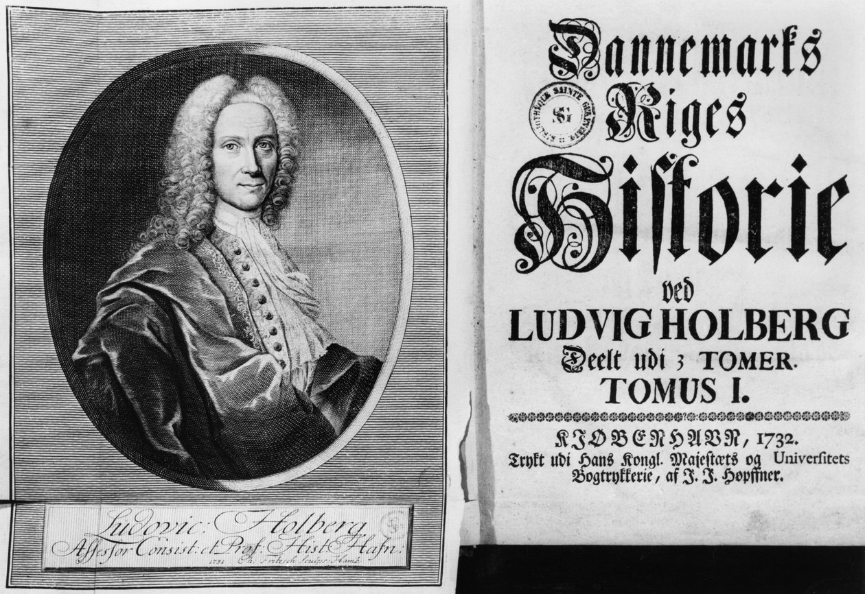 Baron Ludvig Holberg (1684-1754) og tittelsiden til bind I av hans Danmarks historie, utgitt i København, 1732 av Christian Friedrich Fritzsch