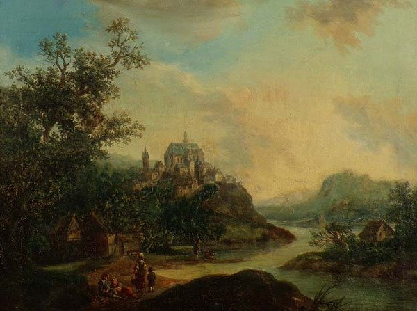 En utsikt over Rheinland med figurer i forgrunnen og en befestet by på en høyde utenfor av Christian Georg II Schutz or Schuz