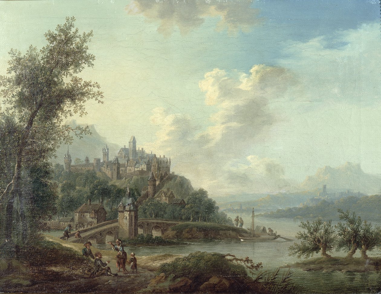 En utsikt over Rheinland med en bro og figurer i forgrunnen og en befestet by på en høyde utenfor av Christian Georg II Schutz or Schuz