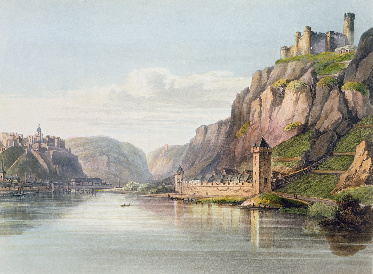 St. Goarshausen, St. Goar og Rheinfels, gravert av T. Sutherland, fra 'A Picturesque Tour along the Rhine, from Mentz to Cologne', utgitt av R. Ackermann, London, 1819 av Christian Georg II Schutz or Schuz