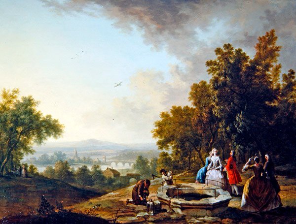 Et landskap med elegante figurer (olje på kobber) av Christian Georg I Schutz