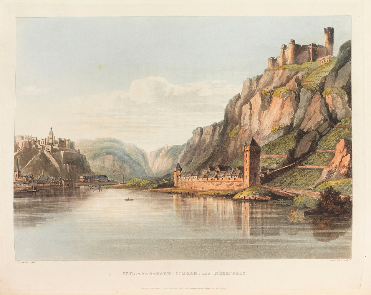 St. Goarshausen, St. Goar og Rheinfels. Fra: En pittoresk tur langs Rhinen, 1820. av Christian Georg Schütz the Younger