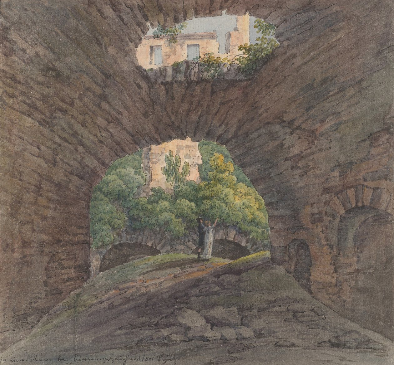 Et ungt par ser på ruiner nær Bingen, 1801. av Christian Georg Schutz