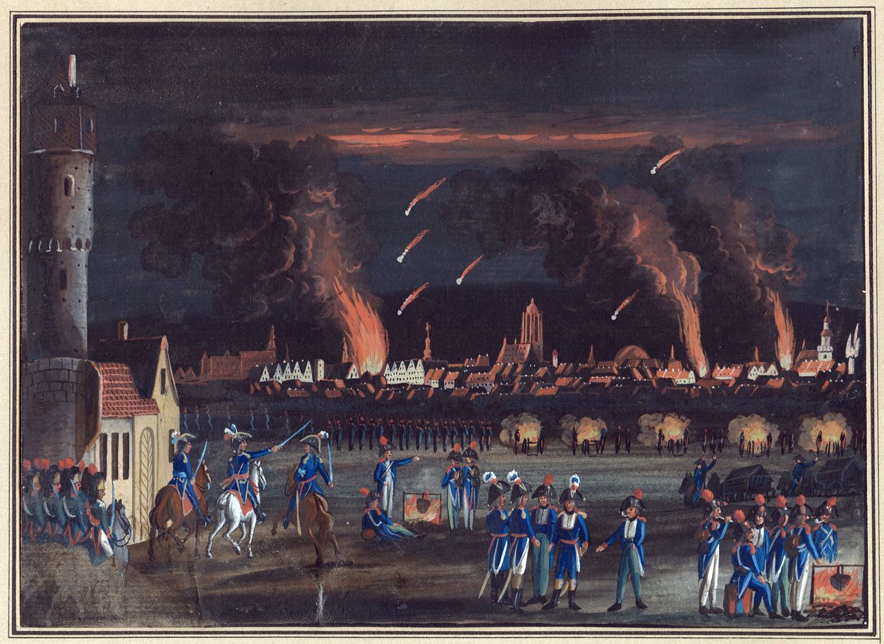 Første koalisjon - 13. juni 1796: Bombardement av Frankfurt am Main (Frankfurt) av det franske bombardementet av Frankfurt am Main av den franske hæren, 13. juli av Christian Georg the Elder Schuetz