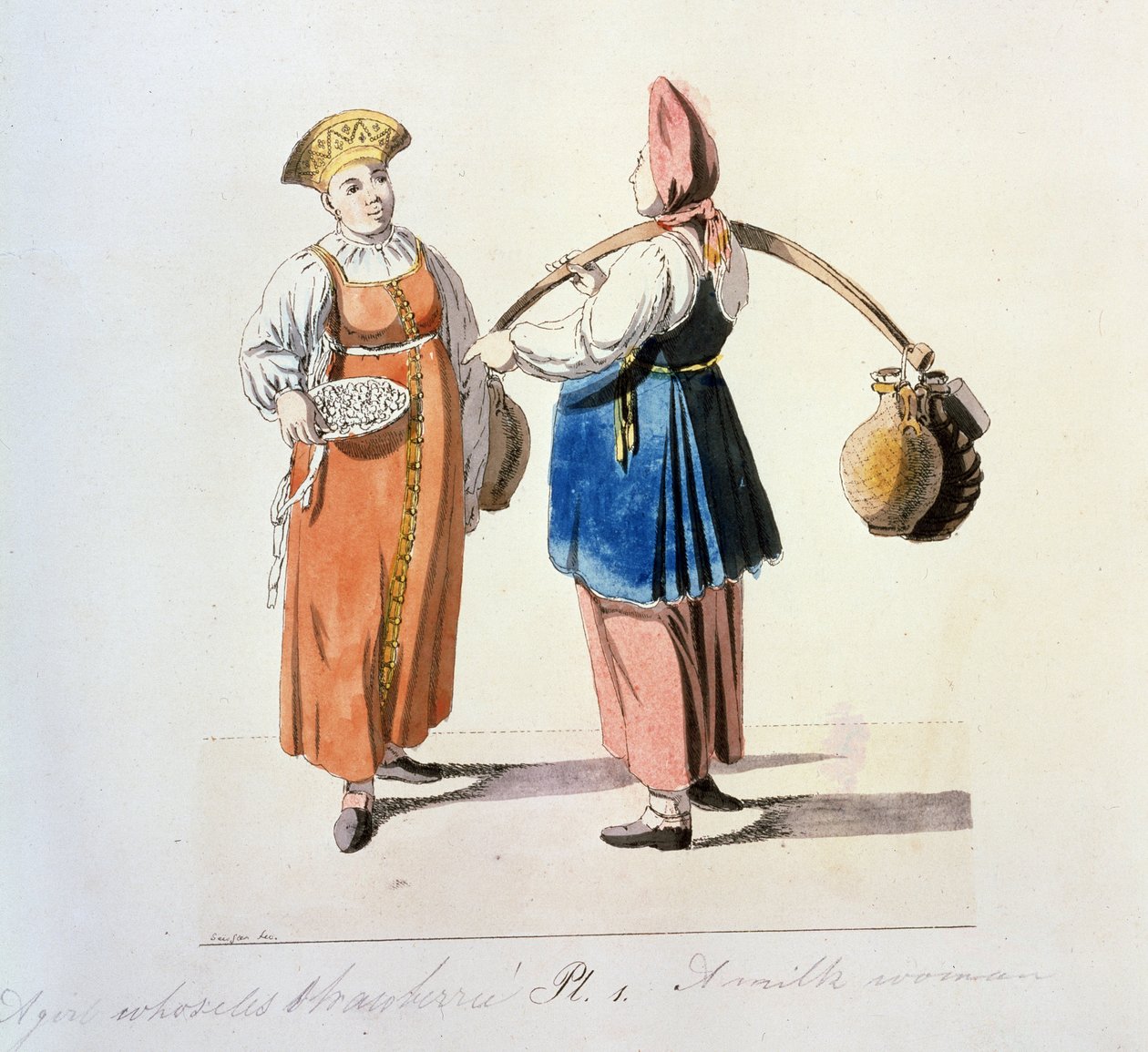 Series sur les marchands de Moscow: meieri. Dairywoman (Fra serien The Moscow Merchants). Tegning av Christian Gottfried Heinrich Geissler (1770-1844) av Christian Gottfried Geissler