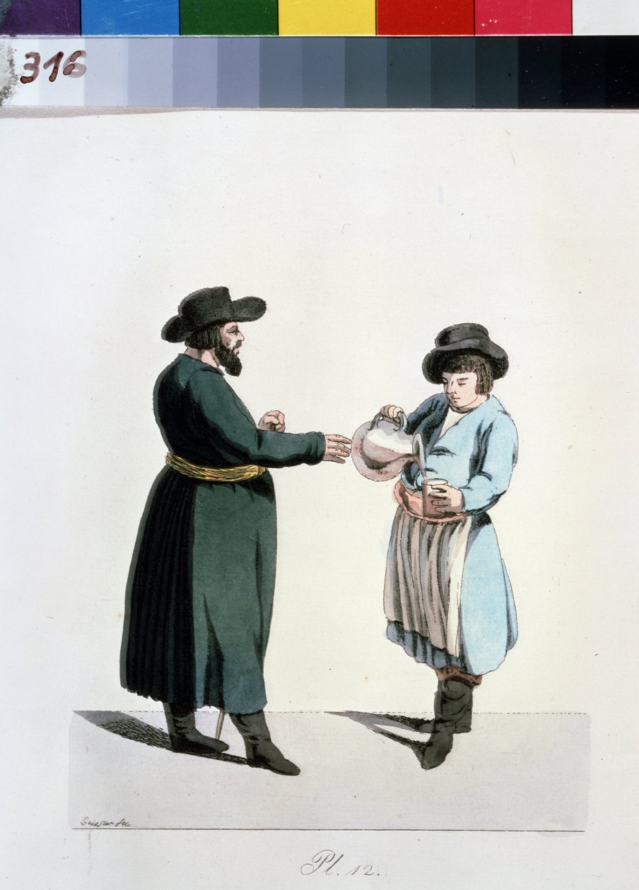 Serie om kjøpmennene i Moskva: selger av kvass (kwas eller kwass). Kvass-leverandør (Fra serien The Moscow Merchants). Tegning av Christian Gottfried Heinrich Geissler (1770-1844) av Christian Gottfried Geissler